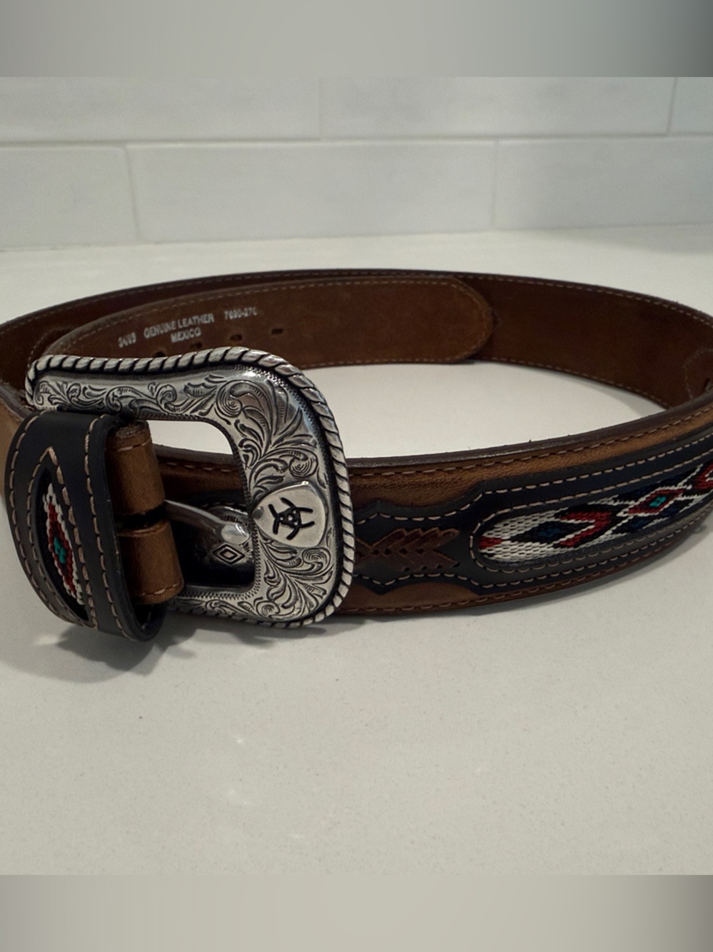 Ariat Brown Leather Belt with Embroidered Accent Silver Buckle